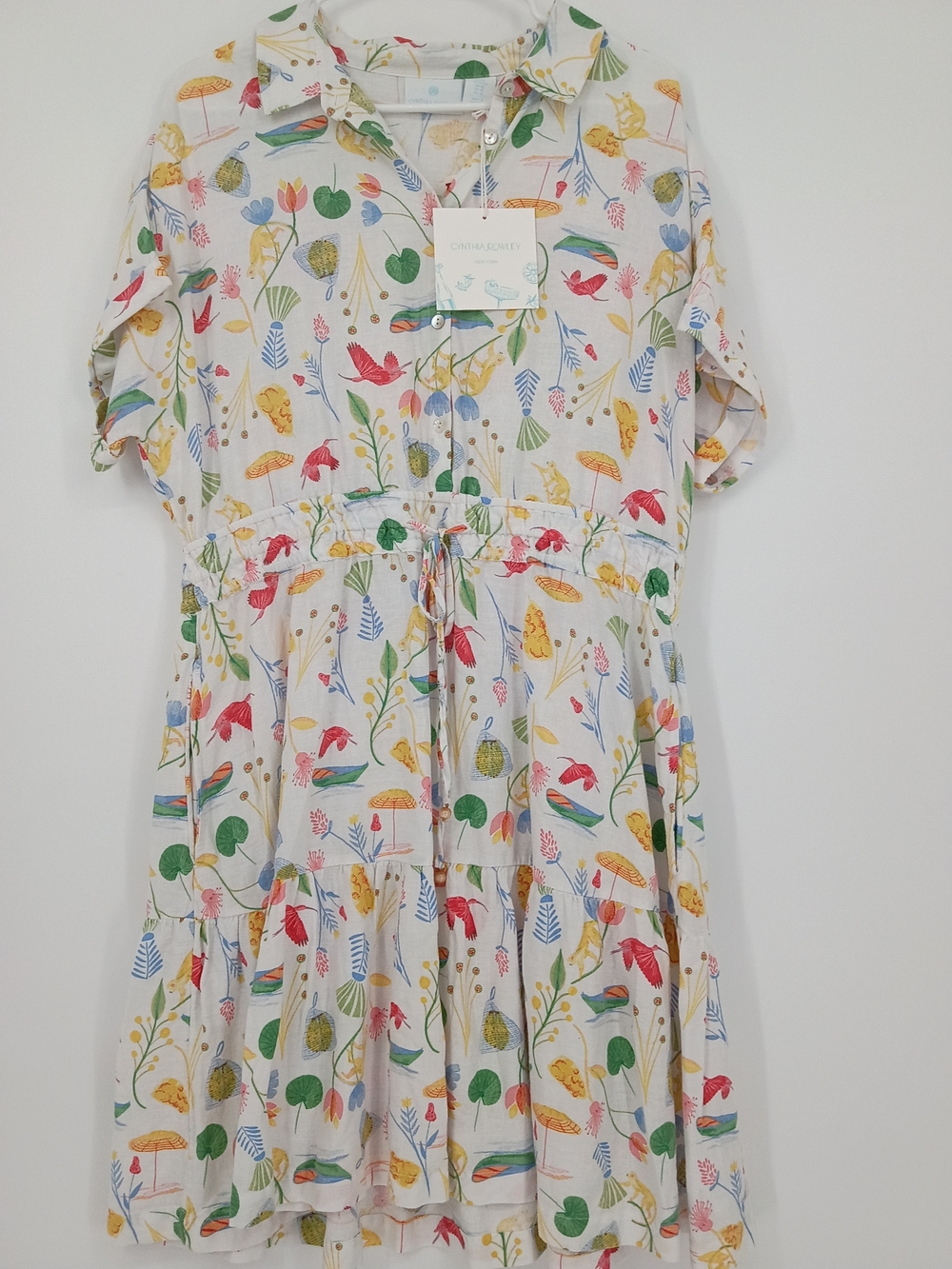 Cynthia Rowley White Cotton Midi Dress w colorful Floral & Bird Print Tropical